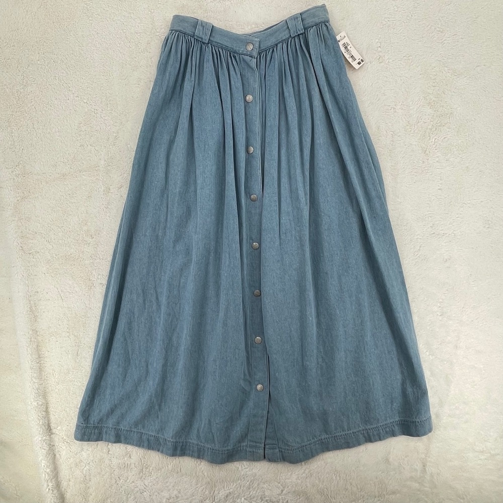 America Perry Ellis Vintage Denim Midi Skirt Light Wash Button Front Blue Sz 6